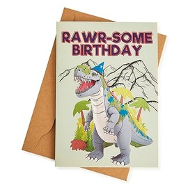 T-rex Party Hat Birthday Card: 21cm x 15cm - Fun and Vibrant Dinosaur Celebration Design - Ideal Greeting for Boys and Girls to Make Their Special Day Roar with Excitement
