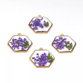 6PCS Gold Tone Queen Anne's Lace Flower Resin Hexagon Charm Pendant GYX808