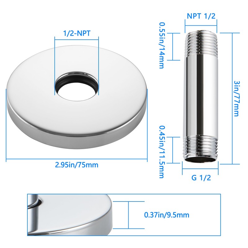 Straight Shower Arm with Flange, Ceiling Mount 3 Inches Rain