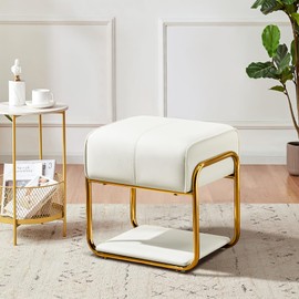 Furnistyle Vanity Stool Chair with Gold Metal Frame, Modern Makeup Chair for Vanity, Faux Leather Ottoman Stools, Footstool Ottoman with Bottom Shelf, Padded Seat for Bedroom Living Room, White