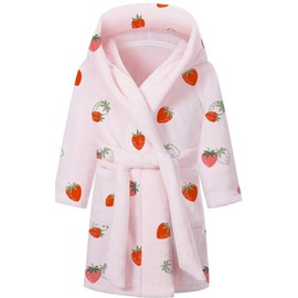 Umeyda Girls Robe, Soft Plush Cute Hooded Flannel Robe With Pockets Warm Bathrobe for Toddler Little Big Girls Boys, Pink Red Strawberry, 9-10 Years = Tag 160