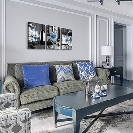 Canvas Wall Art For Kitchen Wall Decor For Dining Room Black And White Wine Glasses Painting Modern Blue Wine Canvas Art Prints Ready To Hang Pictures For Restaurant Home Decorations 16"X24" 3 Pieces