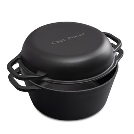 Chef Power 2-in-1 Cast Iron Dutch Oven with Skillet Lid, 5QT Camping Dutch Oven Pot with Lid for Bread, Frying, Baking, Roasting, Cooking, BBQ – Versatile Cast Iron Cookware