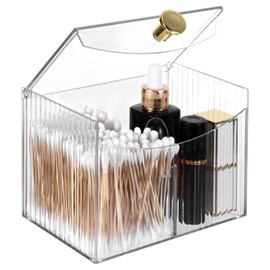 Jaarssho 2-Grid Qtip Holder Dispenser,Transparent Cotton Ball Holder,Clear Bathroom Organizer with Lid Guest Bathroom Essentials for Cotton Swabs and Balls Container Cosmetics Storage for Vanity