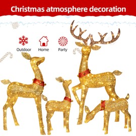 Outdoor Christmas Decorations Reindeer Family - Light Up Deer 4 Set with 245 LED Lights - Outside Yard Decor Kit Including Lighted 4-Piece Deer, Stakes - Gold