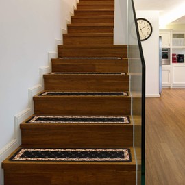 House, Home and More Set of 15 Skid-Resistant Carpet Stair Treads – Traditional Lattice with Floral Border – Ebony Black – 9 Inches X 36 Inches