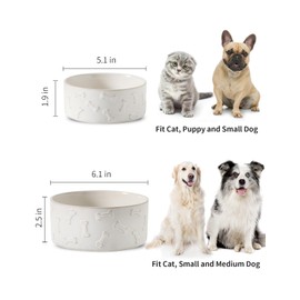 UBEE Ceramic Dog Bowl Set of 2, 5.1 inch Dog Food Bowl with Bone Pattern, Pet Food Water Dish Feeding for Small Dogs and Large Cat, White