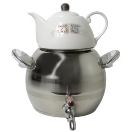 Modern Large Classic Iranian Samovar Russian Persian Turkish Tea Maker Water Kettle Heavy Thick Stainless Steel Ceramic Porcelain Teapot 4.5+1=5.5 Liter Faucet W/Handle