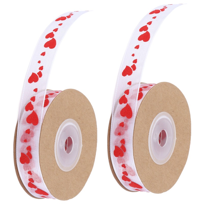2pcs Red Ribbon 1.5cm/0.6in Wide Heart Pattern Packaging Ribbons DIY