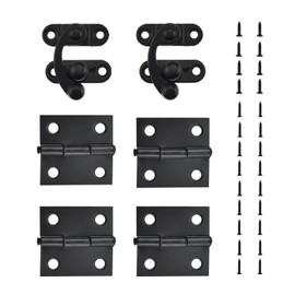 MARRTEUM Antique Vintage Black Left Latch Hook and Hinge with Matching Screws Kit for Decorative Jewelry Box Cabinet Suitcase and DIY Handicrafts (2X Hasp Catch + 4X Hinges)