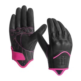 Harssidanzar Womens Full Finger Goatskin Leather Touchscreen Motorcycle Gloves GL016,PINKBlack,Size M