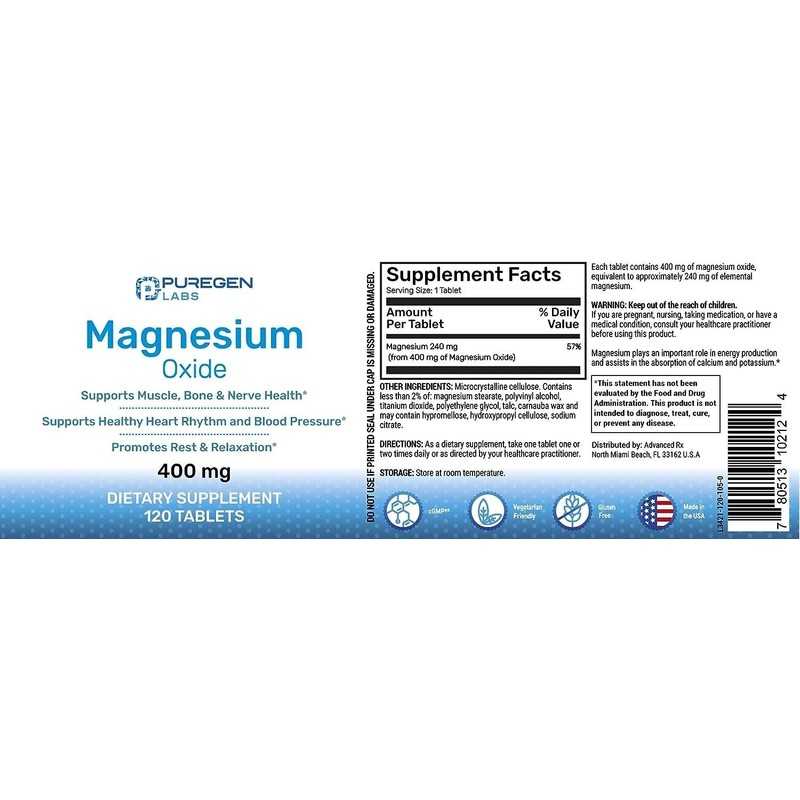 Puregen Magnesium Oxide 400mg High Potency Supplement 120 Tablets 2