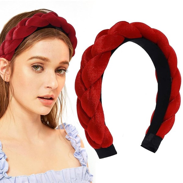 1 Piece Braided Velvet Headbands Criss Cross Fashion Hair Band Thick Wide Solid Non-Slip Swollen Padded Headband Cute Hair Accessories for Women Girls (Red)