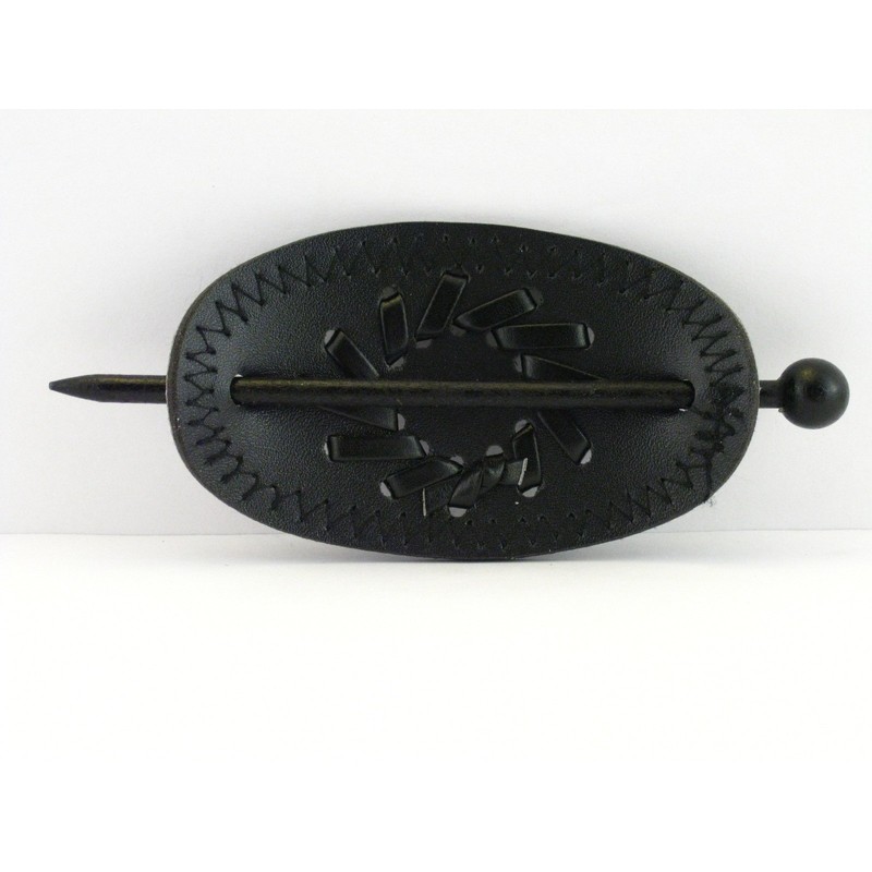 Leather With Wood Slide Stick Oval Hair Pin Barrette (Black)