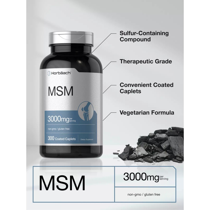 Horbäach MSM Supplement | 3000mg | 300 Coated Caplets |