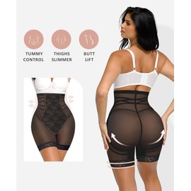 FeelinGirl Shapewear Tummy Control Body Shaper High Waisted Lace Shapewear Shorts Butt Lifting Black