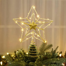 ODEERTONIC Gold Star Tree Topper, 8in Triple Layer Hollow-Out Star Tree Topper, 10 LED Warm White Christmas Tree Topper, Star Treetop Battery Star Chirstmas Tree-Top Lights for Xmas Tree Home Holiday