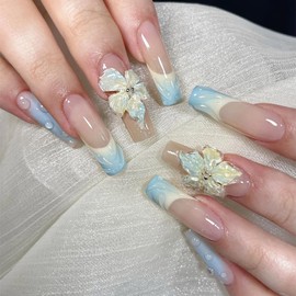 24Pcs Spring Long Press on Nails Coffin French Tip Fake Nails 3D Texture Flower Press ons Yellow Blue Ombre Acrylic Nails Cute Glue on Nails Lily Floral Artificial Nails for Women DIY Stick on Nails