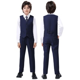 Conjunto de chaleco y pantalones de esmoquin para niños con corbata de camisa y corbatín formal, Camisa azul marino-blanca, 2