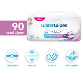 WaterWipes Sensitive+ Body & Intimate Wipes, 3-In-1 Cleans, Cares, Protects, 99.9% Water, Unscented & Hypoallergenic Hygiene Wet Wipes, Adult Care, 90 Wipes (3 Packs)