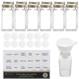Premium Spice Jar Set -12 Square Glass 4 oz Spice Bottles, 72 Deluxe Labels, 12 Shaker Tops, Gold Steel Caps and No Clog Wide Spice Funnel by SpiceLuxe