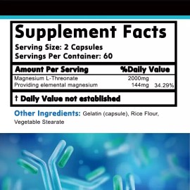 Neuro Magnesium L Threonate 120 Veggie Caps 2000 mg, Bioavailable Magnesium
