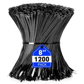 RAZCC Zip Ties, RAZCC 1200pcs Black Cable Zip Ties 8 Inch, Heavy Duty Plastic Wire Ties with 50lb Tensile Strength, Self-Locking Black Nylon Tie Wraps for Indoor and Outdoor
