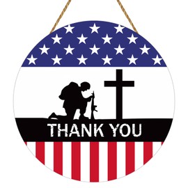YUNKKIN Memorial Day Decorations American Soldier Thank You Hanging Sign Memorial Day Wreath Patriotic Wreath Wooden 4th of July Decorations Door Decor for Office Wall Indoor Home Decor