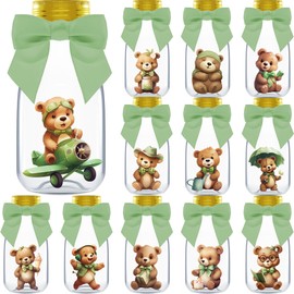 Ethisa 12 Pack Woodland We Can Bearly Wait Party Favors - Gender Neutral Jars with Ribbons and Stickers - DIY Sage Green Party Decoration Candy Bottles for Teddy Bear Baby Shower and Gender Reveal