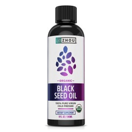 Zhou Organic Black Seed Oil - Black Cumin Seed Oil Cold Pressed, Nigella Sativa, Pure Unrefined Blackseed Liquid, Premium Supplement for Health with Thymoquinone, Omega 3 6 9 - 8 Fl Oz (Pack of 1)