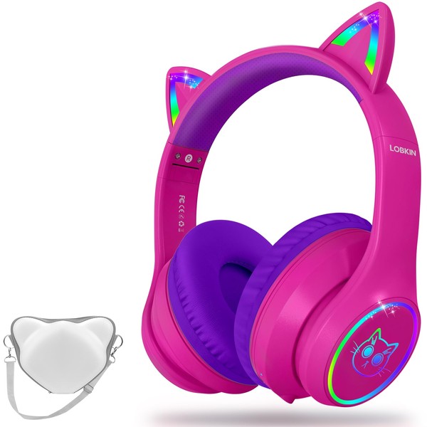 LOBKIN Bluetooth 5.3 Kids Headphones with Case - RGB LED Light Up Cat Ears Foldable Adjustable On-Ear Headset Support Wireless or 3.5mm Wired Mode for Toddler & Girls & Boys Teens (Hot Pink)