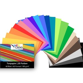artdee® Coloured Coloured Paper in 20 Different Colours 180 g/m² - Craft Paper Set (60 Sheets Mixed in DIN A5) - Colourful Paper for Crafts - Craft Paper Colourful for Children and Adults