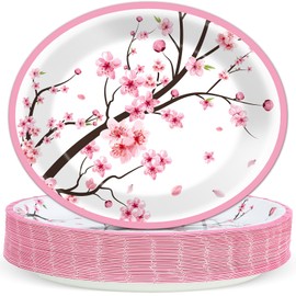 QOUBAI 50Pcs Cherry Blossom Party Oval Plates 11 Inch Disposable Pink Cherry Blossom Paper Plates Cherry Tableware Dinnerware Set Floral Platter Dish Tray for Cherry Blossom Baby Bridal Shower Decor