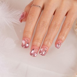 LOVFUL Press on Nails PINK GLITTER| Handmade with Full Covered Crystals | Reusable Fake Nails | Square Short 0.8 in | H60-S