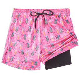 Boys Swim Trunks with Compression Liner, Boy's Bathing Suit Boy Swimming Trunks Pink Pineapple Coconut Tree Boy Board Shorts Swimwear, Quick Dry 4 Way Stretch Beach Shorts for Boys Swimsuit