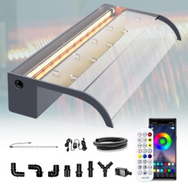 Pool Fountain, LONGRUN Waterfall Spillway for Koi Ponds - 23.6" Transparent Acrylic Waterfall with APP Control & Multi-Color LED Lights for Swimming Pool, Garden Pond, Patios, Spa Decoration