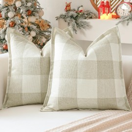 Sungeek Set of 2 Buffalo Plaid Tartan Cushion Covers, Decorative Cushion Covers, Christmas Checked Cushion Cover, Decorative Cushion Cover for Sofa, Bedroom, Living Room, 60 x 60 cm (Beige)