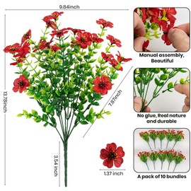 Lnoicy Artificial Flowers for Outdoor,Faux Plants Decoration,10pcs Plastic Flowers for Indoor Garden/Wedding/Farmhouse(red)