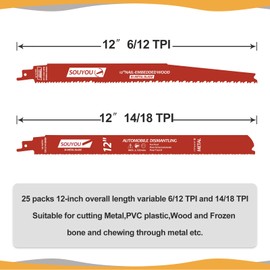 Souyou 25 Pack 12 Inch 6/12 Tpi Reciprocating Saw Blades Bi-Metal Steel Demon with Perma-Shield Coating Stud and Nail Sawzall Blades Sawzall Blades for Cutting Embedded Wood Metals PVC Pallets etc.