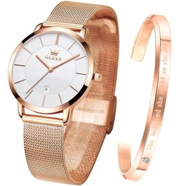 OLEVS Womens Watch Gifts Set with Bracelet Rose Gold for Ladies Female Minimalist Simple Slim Thin Casual Dress Analog Quartz Wrist Watches Waterproof Two Tone