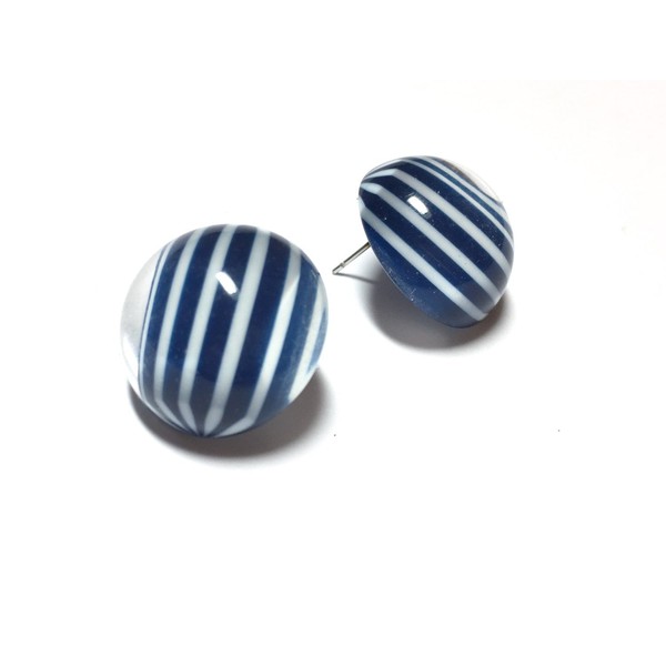Blue Stud Earrings | Navy Blue Striped Retro Button Studs