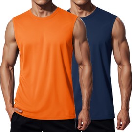 MAGCOMSEN 2 Pack Men's Sleeveless Shirt Quick Dry Sun Protection Basketball Tank Tops Lightweight UPF 80+ Cooling Muscle Shirts Navy/Orange 2XL