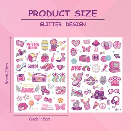 Qpout 130pcs Y2K 2000s Glitter Silver Temporary Tattoos Y2K Party Decoration 2000s Party Favour 00s Pink Face Fake Tattoo Gifts Bachelorette Birthday Stickers
