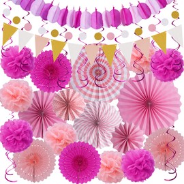 Huryfox Pink Party Decorations - 33pcs Mexican Themed Hanging Paper Fans, Rainbow Paper Pom Poms, Fiesta Bunting and Tissue Streamers for Birthday, Festival, and Rainbow Parties