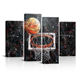 NutArtPic 4 Pieces Basketball Wall Art Graffiti Artwork Sport Theme Pictures Sports Painting Prints Artwork for Boy's Room Office Gifts for Basketball Player Framed 48''x32''