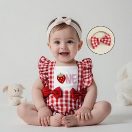 Fuethsuy Infant Baby Girl Summer Outfit Strawberry One Embroidery Bubble Romper Plaid Square Neck Bodysuit Headband Clothes (Red, 6-12 Months)