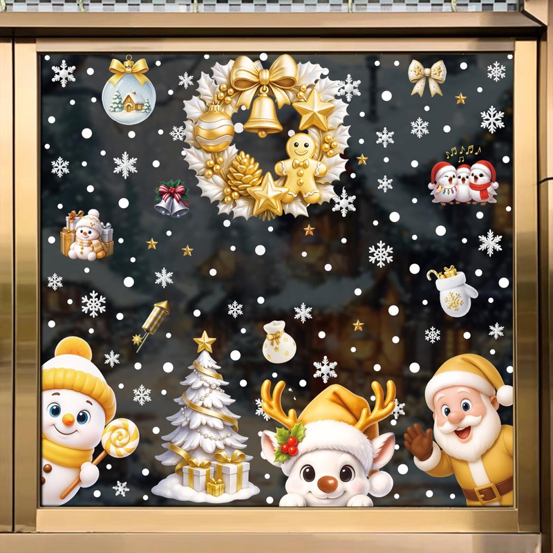 6Pcs Christmas Window Clings Gold Snowman Santa Claus Window Decorations