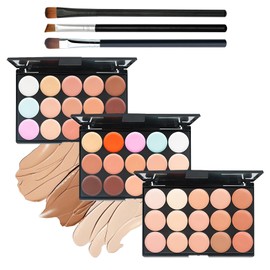 3PCS 15 Colors Correcting Concealer Palette with Brushes,Waterproof Color Corrector Palette,Full Coverage Concealer Makeup Pallets Kit,Makeup Cream Contour Conceler for Dark Circles and Blemish