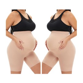 QEAUTY LAB - Ropa interior para embarazo, cintura alta, media muslo, para prevenir el desgaste, Piel + desnuda, L