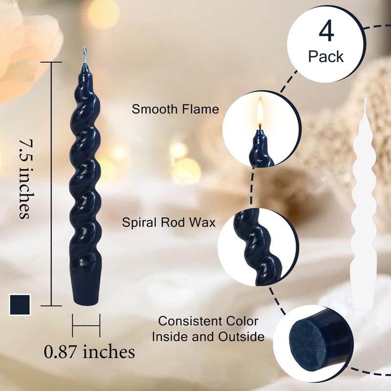 7.5 Inches Spiral Taper Candles Navy BlueTwisted Candle Dripless Unscented